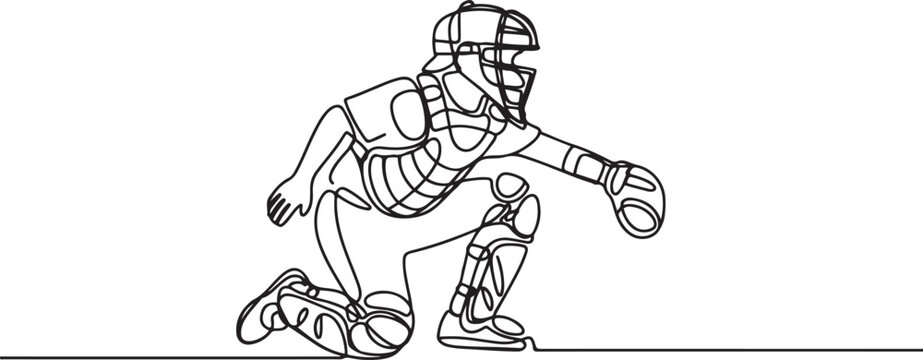 young agile professional baseball catcher player in action. Sport exercise concept. one line art icon drawing vector
