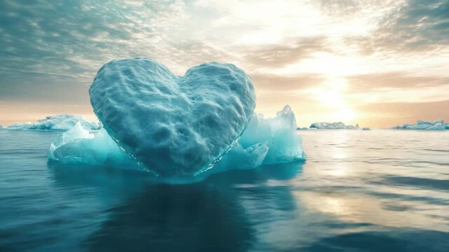 A heart-shaped piece of ice floats in a chilling arctic sea at sunset, reflecting the sky's warm hues.