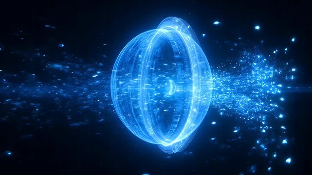 Glowing blue digital orb, futuristic technology concept, neon light effect, sci-fi background