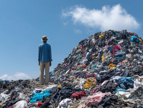 Man observing huge pile of clothes waste in a landfill under blue sky	