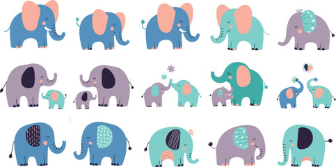 Set of Cute Cartoon Elephants in Various Poses, Colors, and Patterns for Kids, Animal Lovers, and Nursery Designs © Lipi
