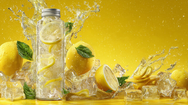 Bright lemon drink can with ice splash, perfect for refreshing summer beverages, citrus energy, and bold product advertising