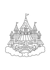 Fototapeta premium Cute fairytale castle in clouds outline – simple fantasy coloring page for kids 