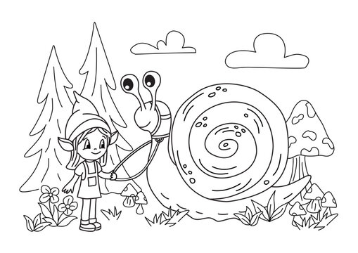 Cute elf girl with giant pet snail in forest &ndash; fantasy coloring page outline illustration wimsical.