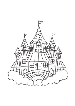 Cute fairytale castle in clouds outline &ndash; simple fantasy coloring page for kids
