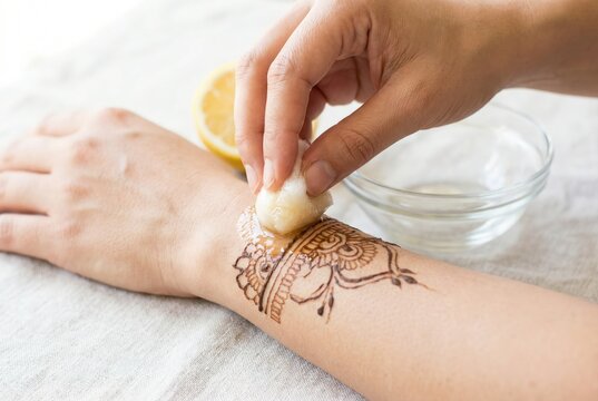 Applying lemon juice sealant to a fresh henna mehndi tattoo on an arm
