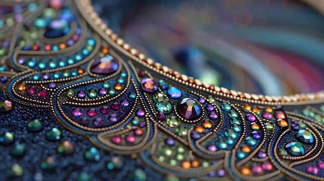 Close-up of ornate jewelry, featuring a spectrum of colorful gemstones and intricate golden details on a dark, textured surface