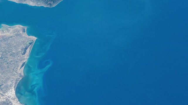 Flying over Gulf of Iskenderun Turkey Mediterranean coast satellite view from space based on Nasa imagery