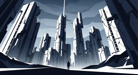 Lone figure stands in futuristic dystopian cityscape. © Agos