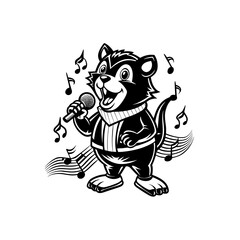 Naklejka premium A cartoon black cat character singing into a microphone with musical notes surrounding it.