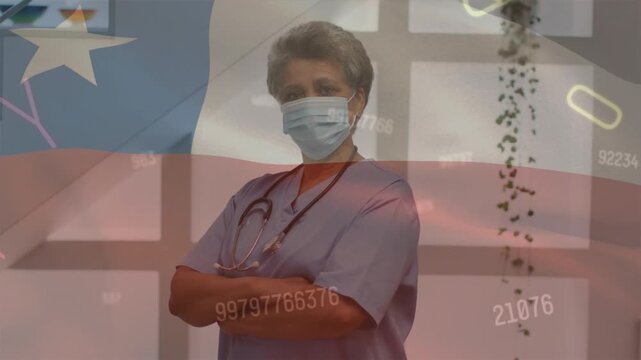 Animation of numbers and chile flag over senior female doctor in face mask