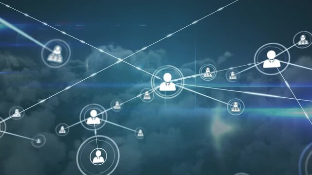 Animation of network of connections with people icons over sky and clouds