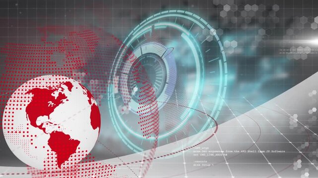 Animation of processing circle, rotating globe and data processing on grey background