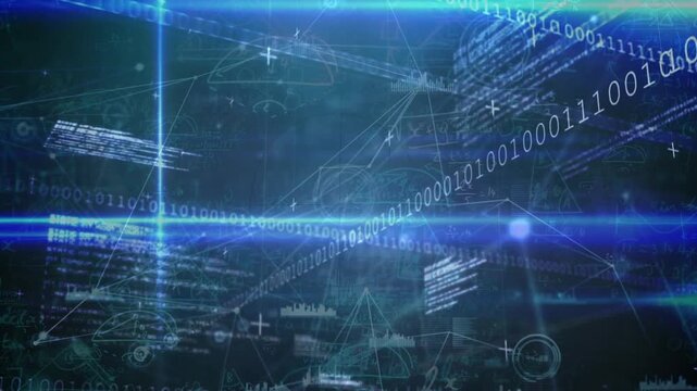 Animation of data processing and math formulas on blue and black background