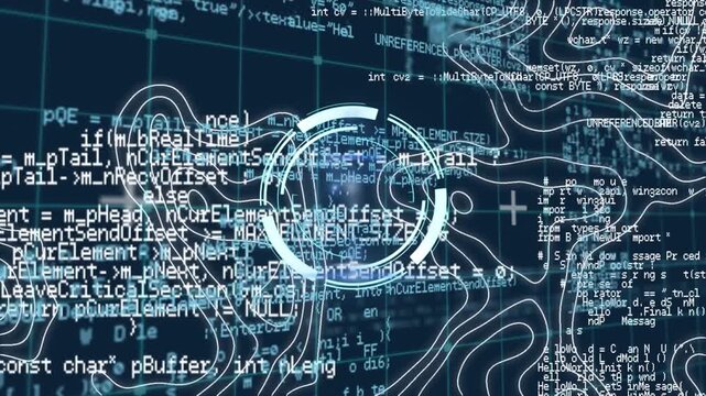 Round scanner and topography patterns against data processing on blue background
