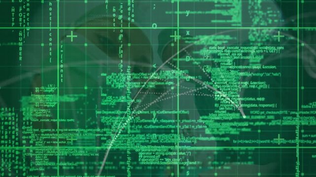 Animation of data processing over computer circuit board on navy background