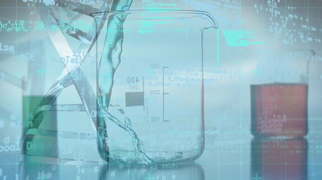 Animation of dna strand and mathematical equations over beakers with liquid
