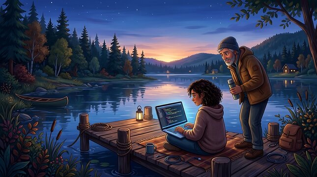 Video Mockup A person coding by a tranquil lake under the evening sky.