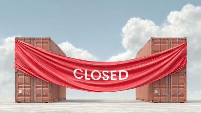 Large red banner stating closed is draped between shipping containers under a bright sky, symbolizing business closure and temporary halt