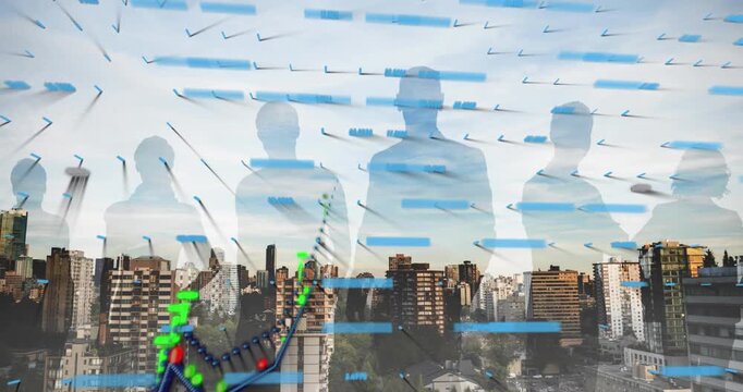Financial data processing over silhouette of businesspeople against aerial view of cityscape