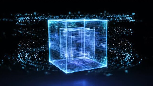 Glowing blue wireframe cubes nested on a dark background
