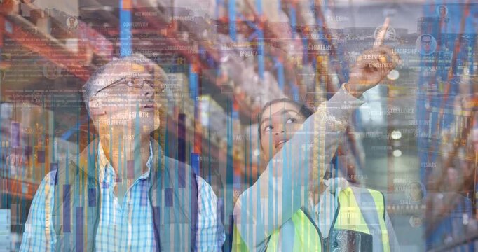 Animation of data processing over diverse male supervisor and female worker working at warehouse