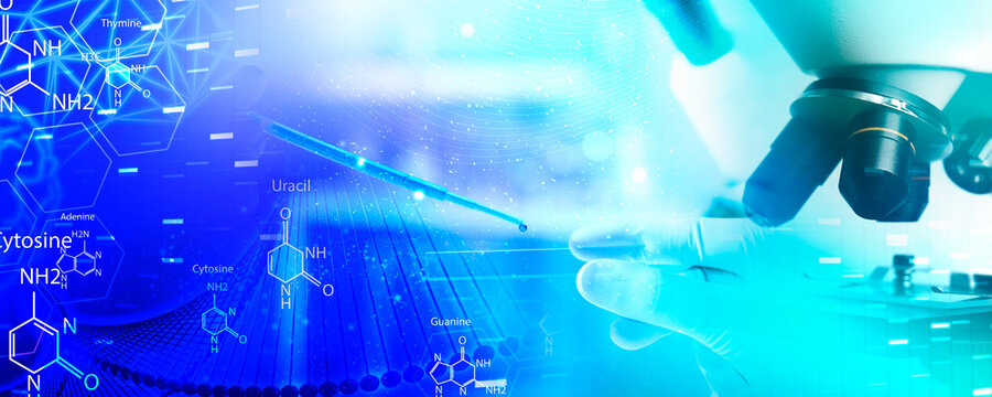 Biochemistry research. Scientist working in laboratory, multiple exposure with structural formulas and microscope