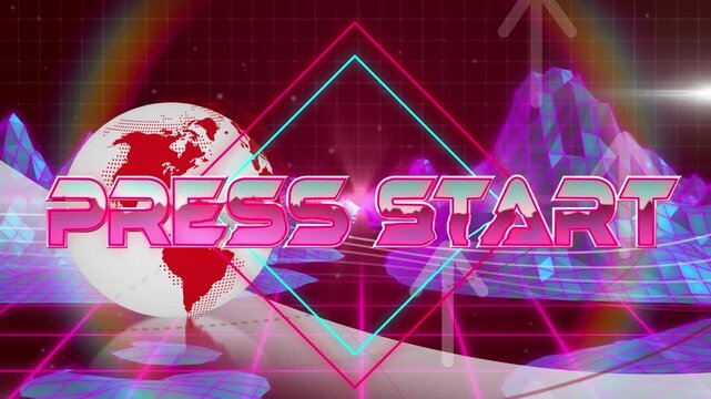 Animation of press start text over rotating globe and grid pattern moving amidst graphical mountain