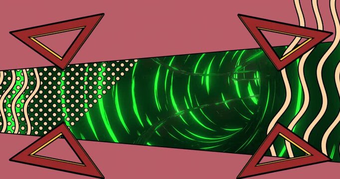 Animation of triangles and pink frame over tunnel made of green circles
