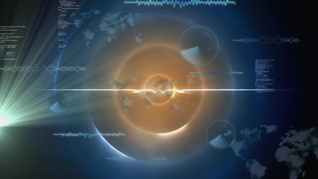 Animation of diverse data and graphs over world map and dark space