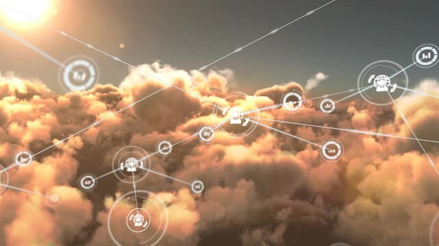 Animation of network of connections over clouds in sky