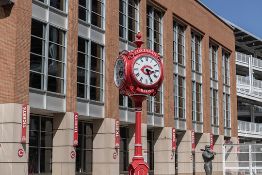 Clock outside Great American Ball Park. A gift from ex-Cincinnati Red Joey Votto, the clock was built by The Verdin Company.