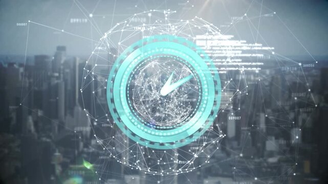 Animation of neon ticking clock and globe of network of connections against aerial view of cityscape