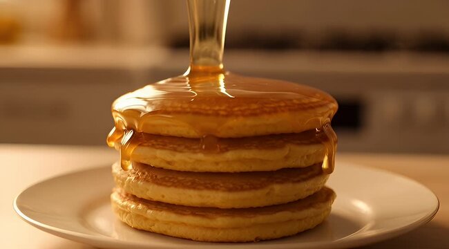 Warm golden pancakes stack being drizzled with rich amber maple syrup