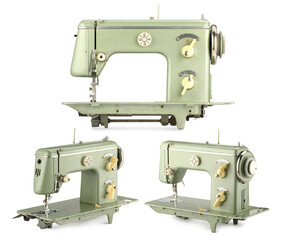 Fototapeta premium Sewing machine isolated on white, collage. Home appliance