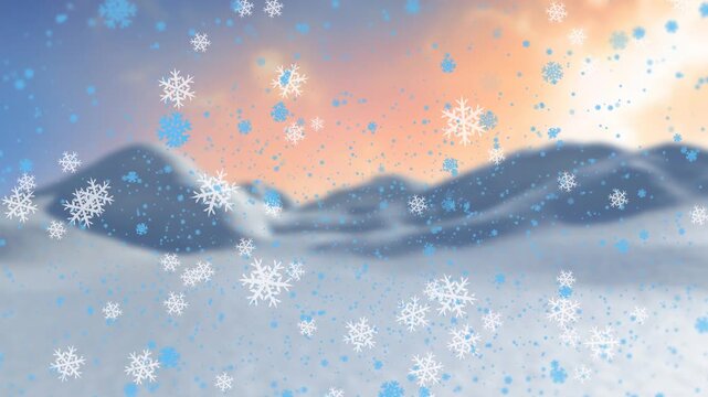 Animation of snowflakes falling over winter landscape against sunset sky
