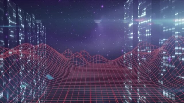 Animation of triangle and grid wave pattern with illuminated falling bar graphs over trading board