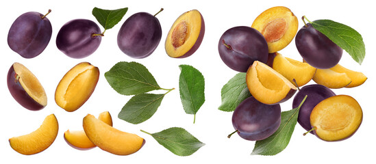 Fresh juicy plums and green leaves isolated on white, set © New Africa