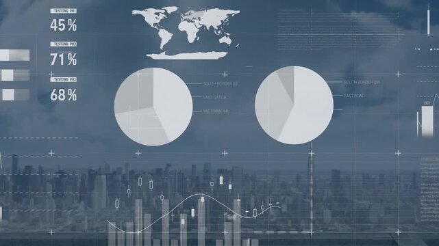 Animation of infographic interface with aerial view of cityscape with dense clouds in sky