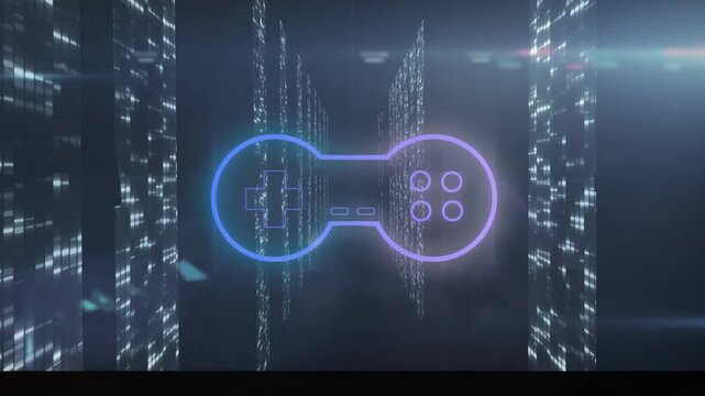 Animation of gamepad icon over light trails and moving columns on black background