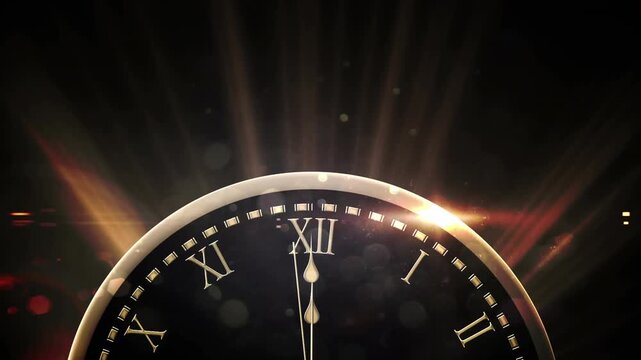 Animation clock with periodic motion, happy new year text over illuminated lens flare in background
