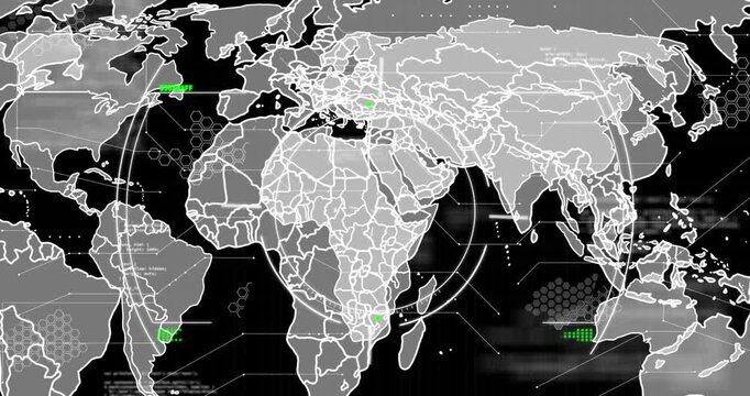 Animation of scope scanning over world map and data processing against black background