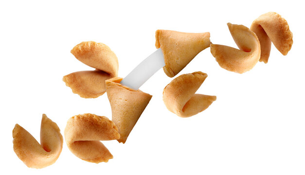 Tasty fortune cookies with predictions flying on white background