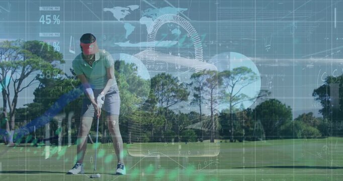 Animation of padlock, statistics and data processing over female golf player with golf club