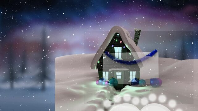 Animation of snow falling over house icon on winter landscape