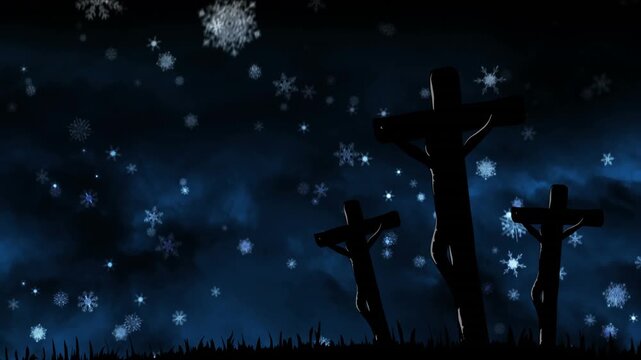 Animation of snow falling over christmas crosses in winter scenery