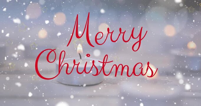 Animation of snow falling over merry christmas text banner against burning candle and spots of light