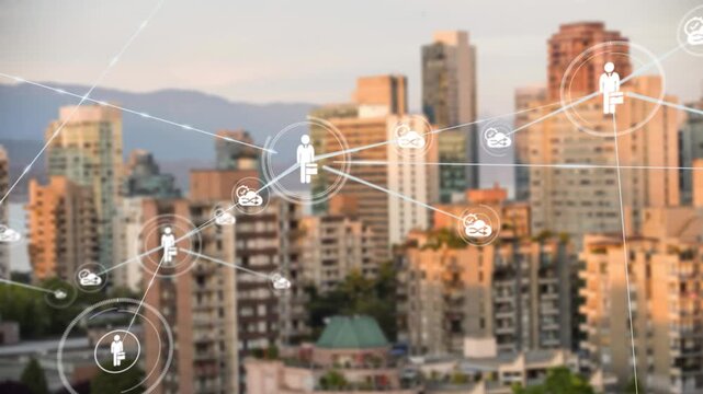 Animation of network of digital icons against aerial view of tall buildings
