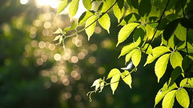 Vibrant green vine leaves backlit by golden hour sunlight creating soft circular bokeh effect in a peaceful summer garden