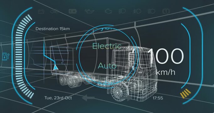 Animation of digital car interface and data processing over 3d model of car